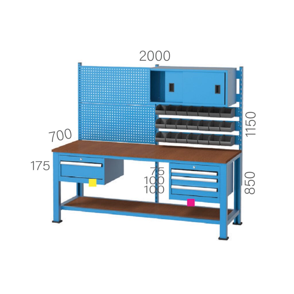 3265 - дълга метална работна маса с 4 чекмеджета, плъзгащ се шкаф и кутии за инструменти