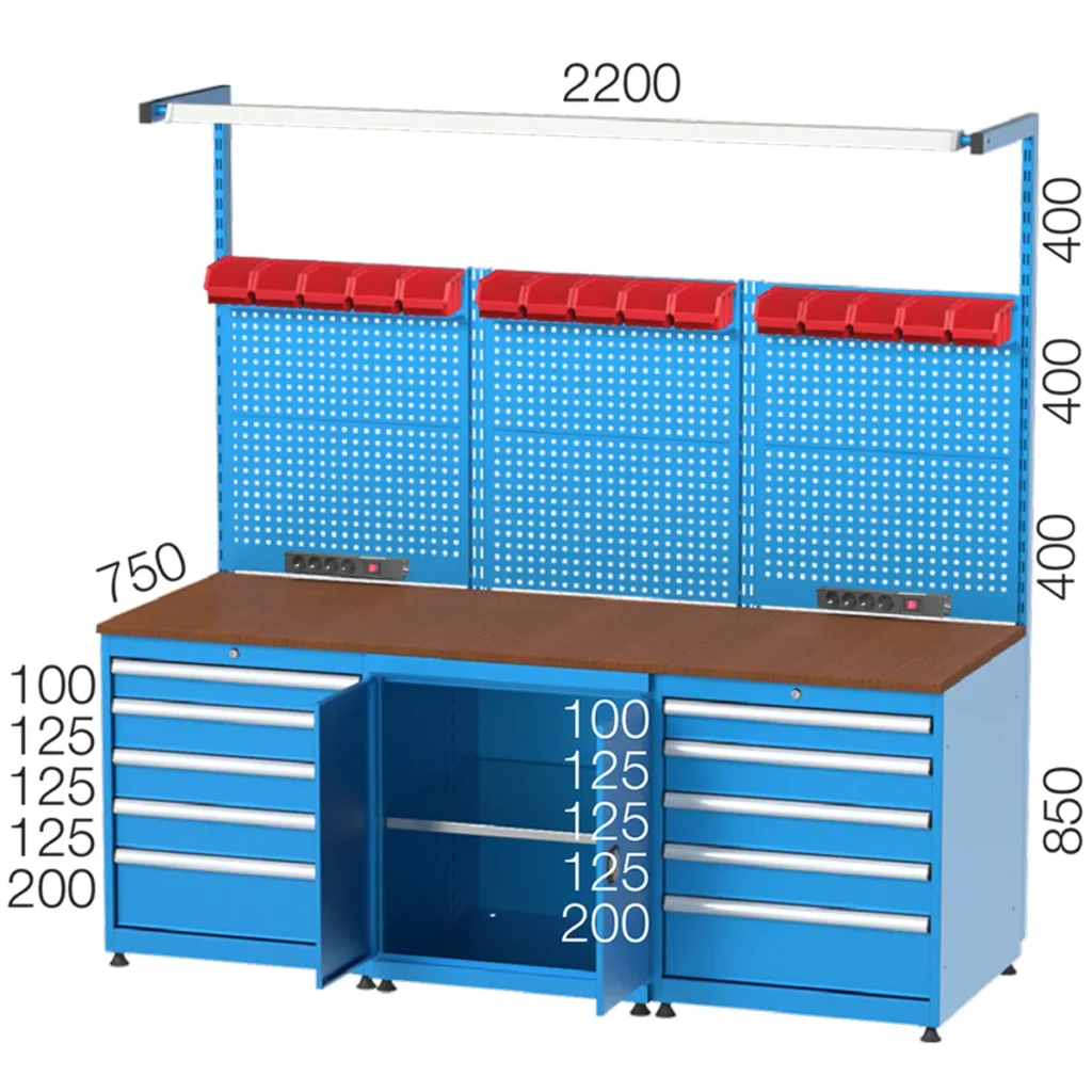 работна маса с 10 чекмеджета, шкаф, перфориран гръб за инструменти, осветление и контакти