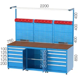 работна маса с 10 чекмеджета, шкаф, перфориран гръб за инструменти, осветление и контакти