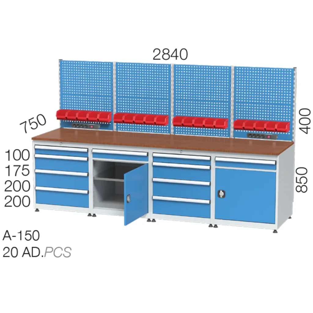 3427 - метална работна маса с 4+4 чекмеджета, 2 чекмеджета с шкаф и панел за инструемнти