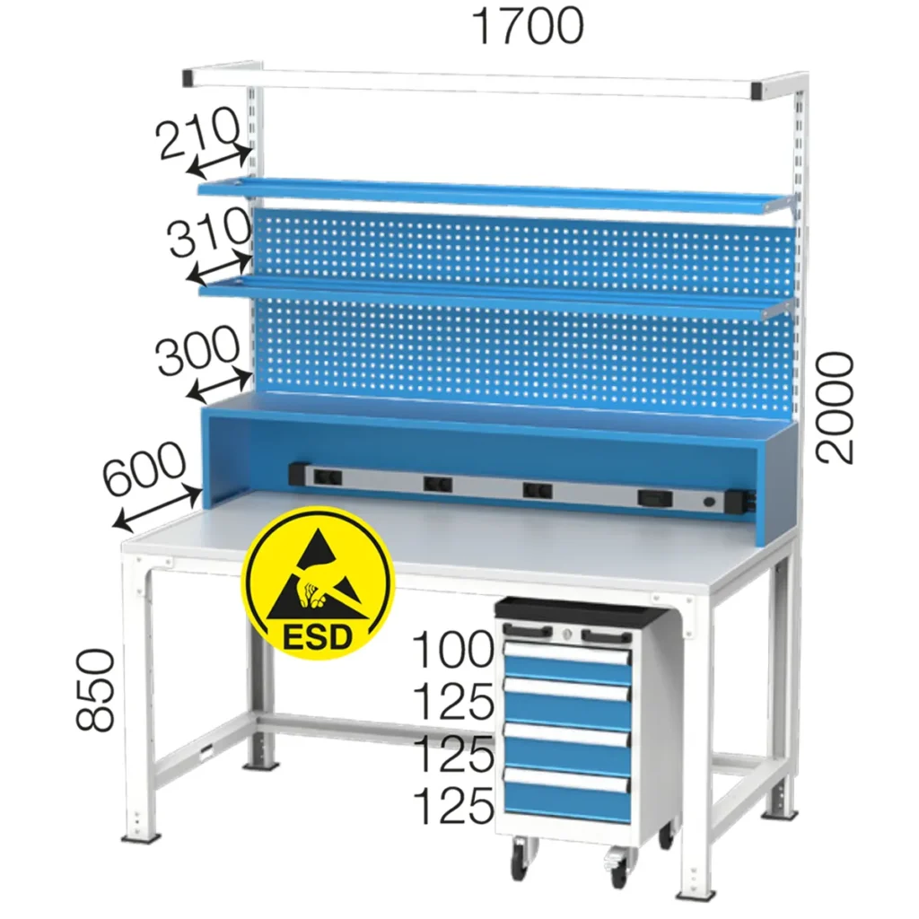 антистатична работна маса с ESD плот и шкаф за инртументи на колела