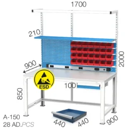 ESD работна маса с дълбочина на плота 90 см и чекмедже