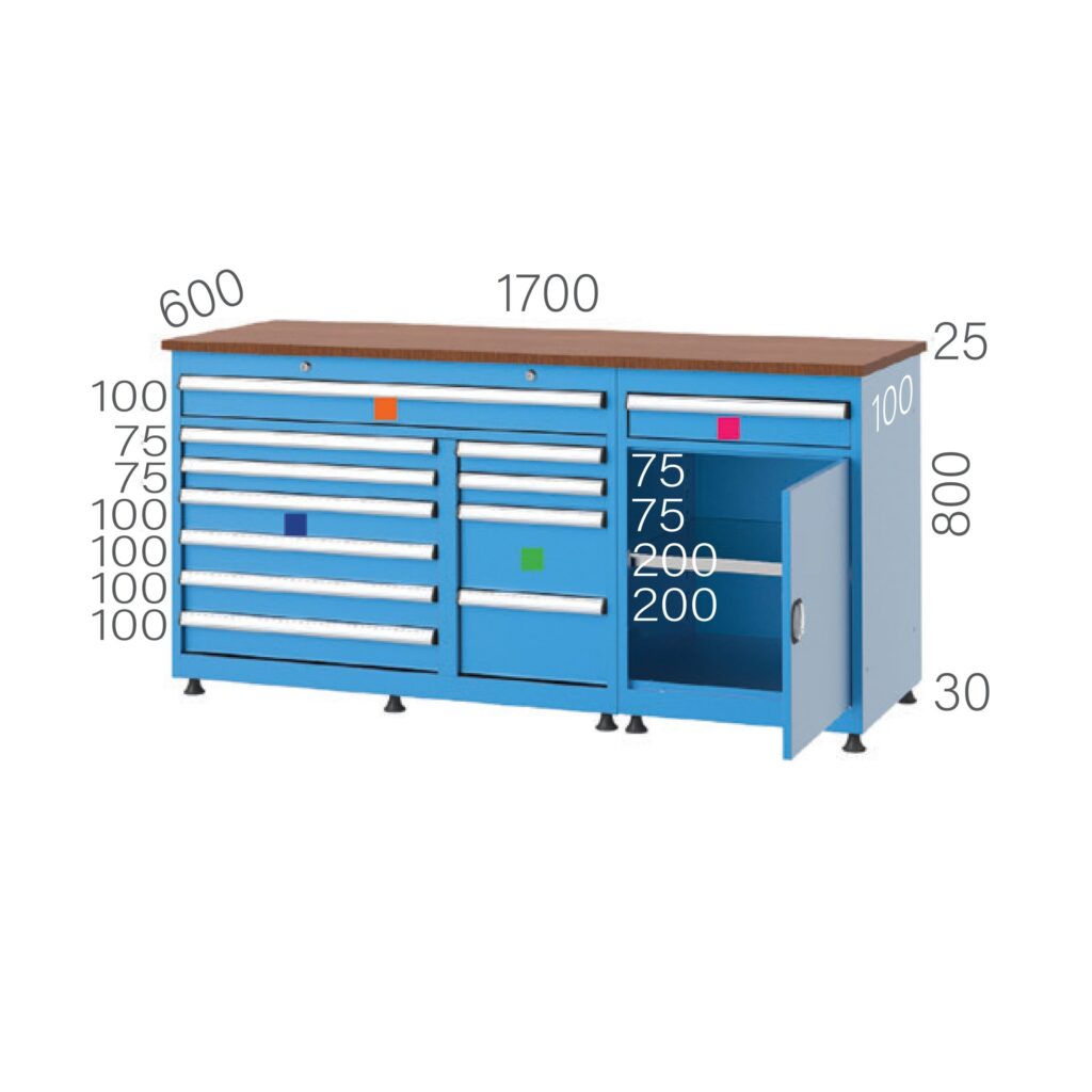 метална работна маса с 12 чекмеджета и шкаф